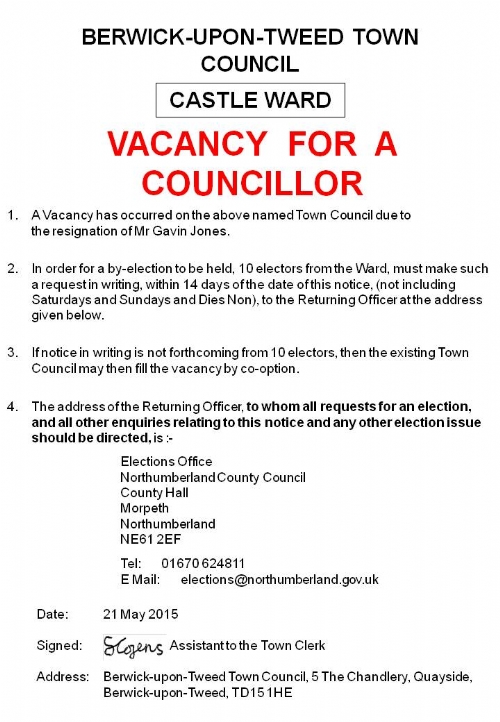 Vacancy Notice - Castle Ward - 21 May 2015