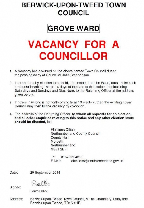 Vacancy Notice - Grove Ward - 21 May 2015