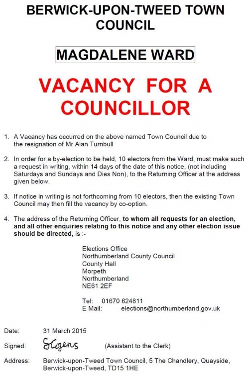 Vacancy Notice - Magdalene Ward - 31 March 2015