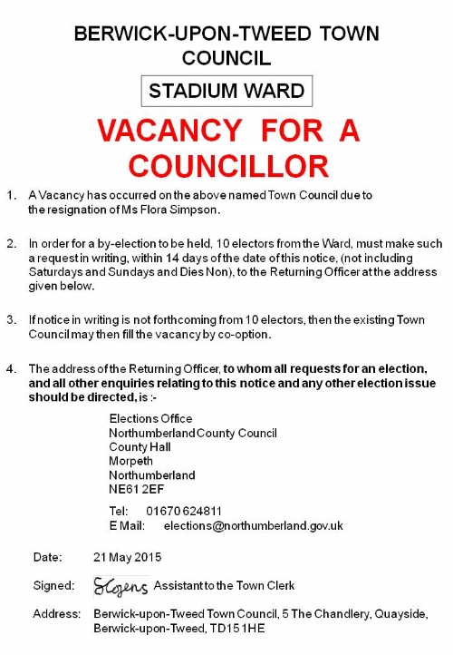 Vacancy - Stadium Ward - 21 May 2015 Vacancy - Stadium Ward - 21 May 2015
